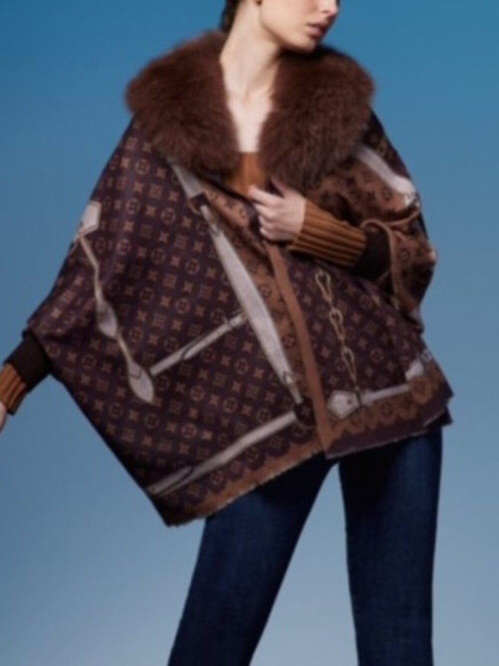 NWT Brown Monogram Print Faux Fur Collar Poncho Cape Wrap One Size